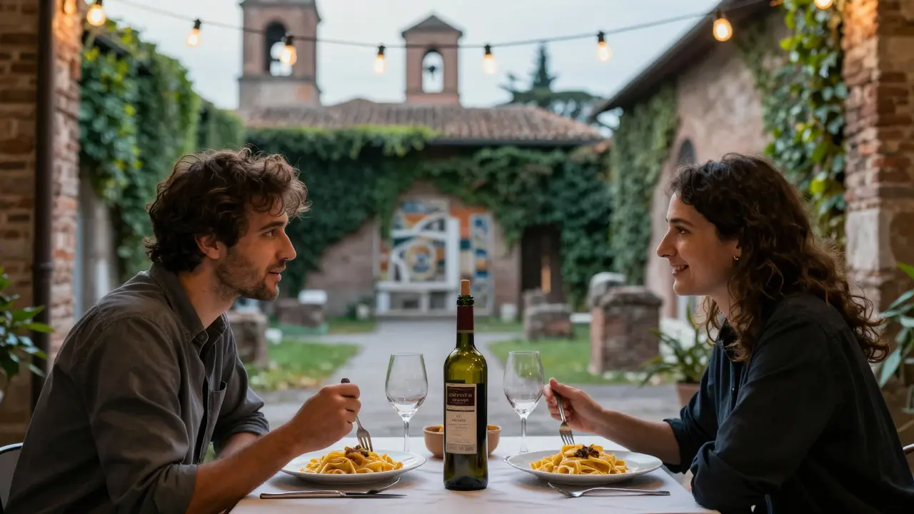 Two people share a quiet dinner in a hidden Roman courtyard, soft lights and ivy surrounding them in intimate silence.