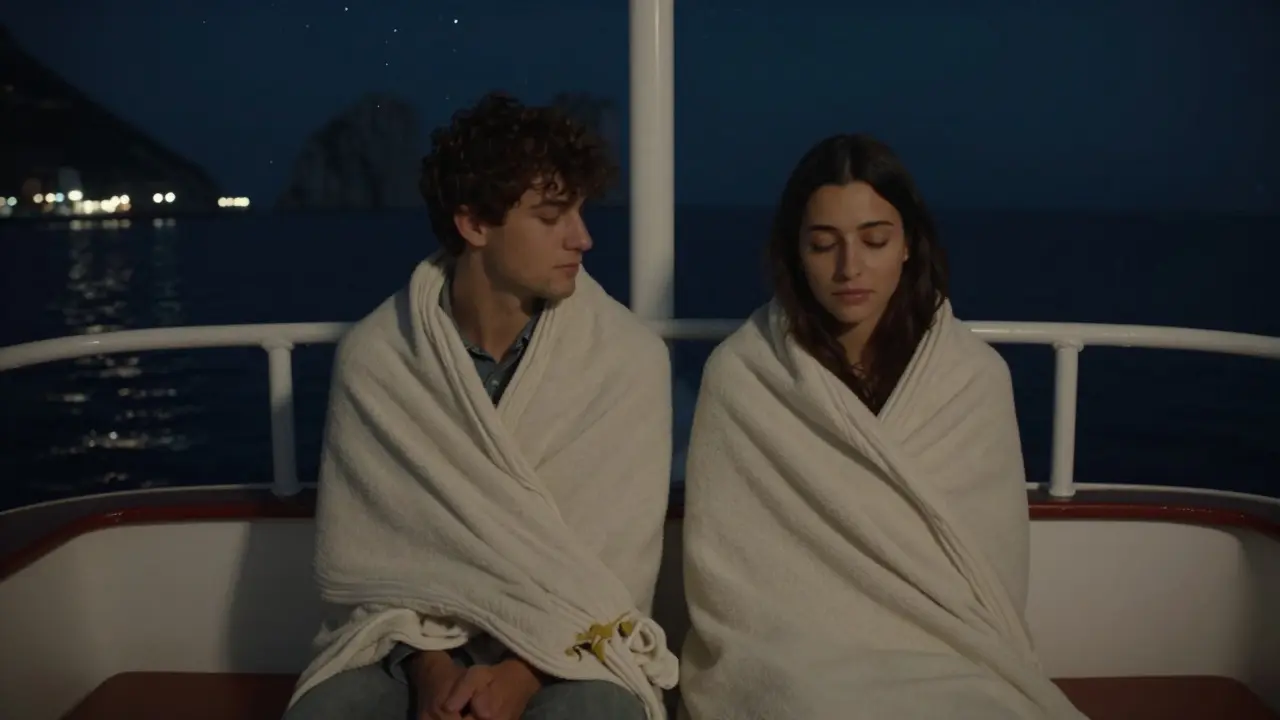 Two people sit quietly on a midnight ferry, stars reflecting on the dark sea.