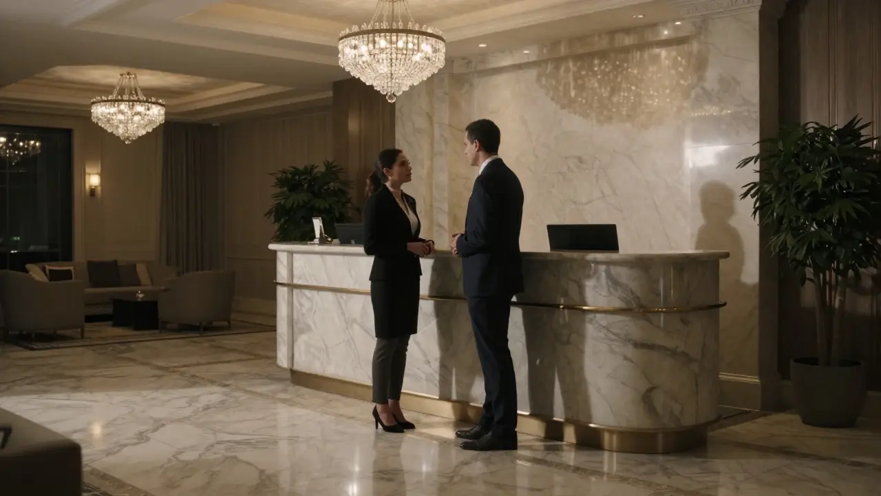 Two professionals meeting discreetly in a hotel lobby