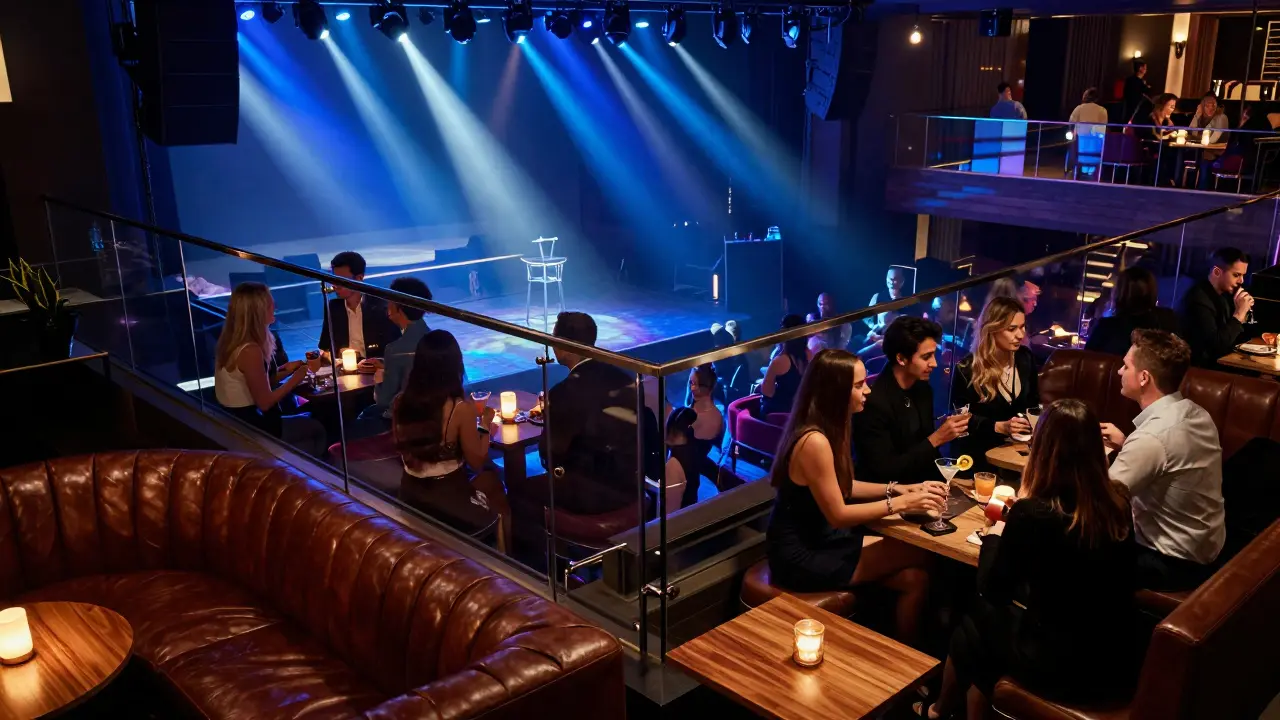 View from quiet mezzanine overlooking active dance floor and bar area.