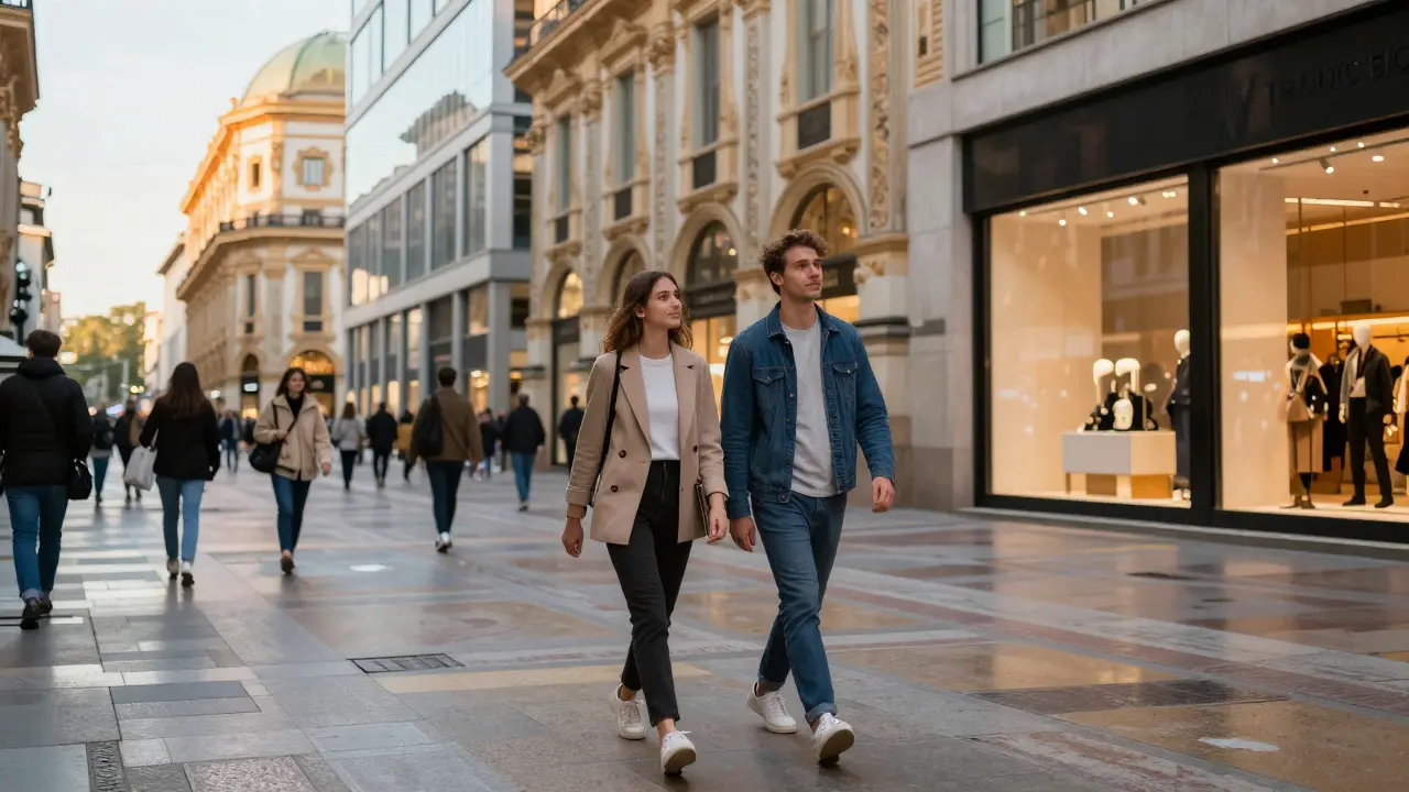 Well-dressed pair walking through Milan shopping district